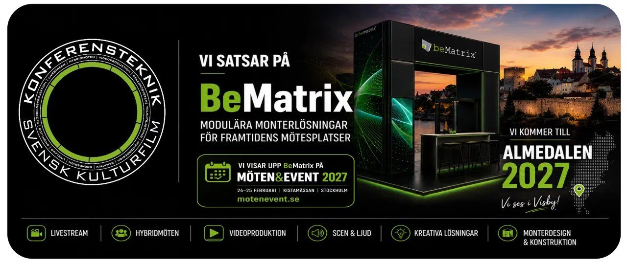 Scen med LED-vägg och scenljus för seminarium på Almedalsveckan i Visby